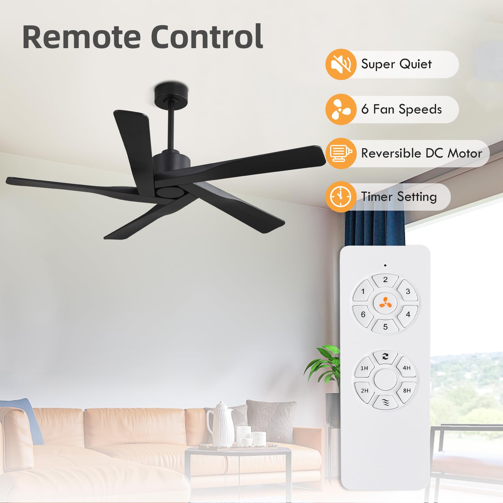 WINGBO 54" ABS DC Ceiling Fan No Light, 5 Blade Wood Grain ABS Ceiling Fan with Remote, 6-Speed Reversible DC Motor, Ceiling Fans without Light for Kitchen Bedroom Living Room, Antique Nickel and Grey