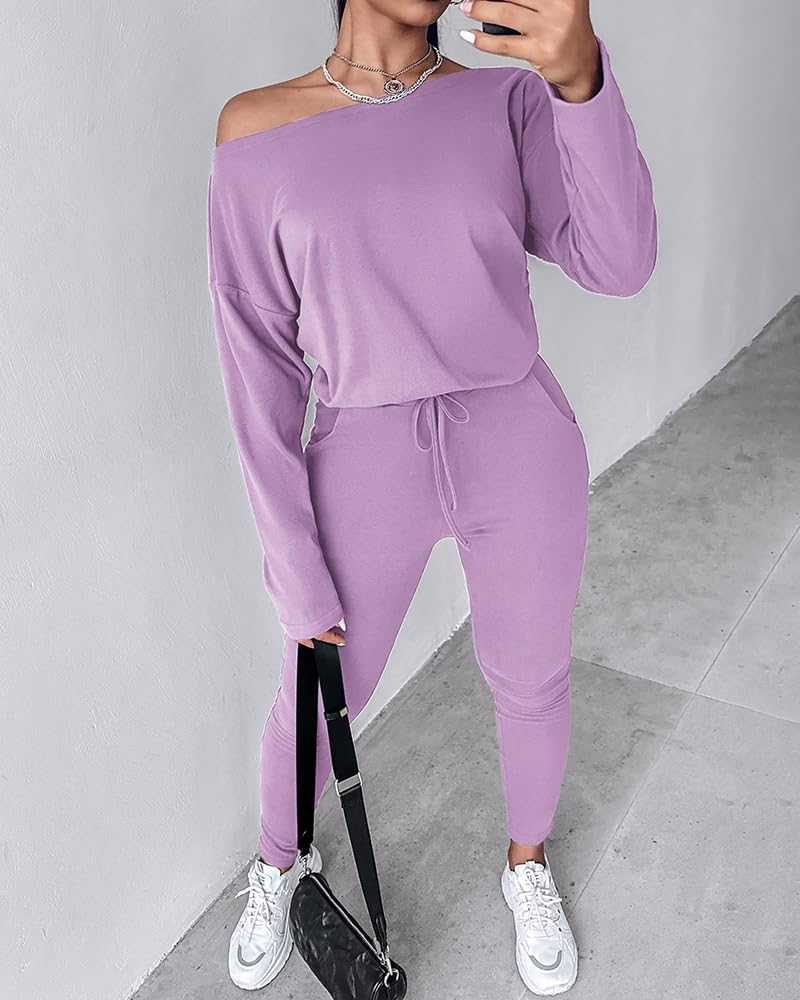CHICME Women Tracksuit Fall 2 piece Outfits Off The Shoulder Long Sleeve Tops and Pants Set Travel Outfits