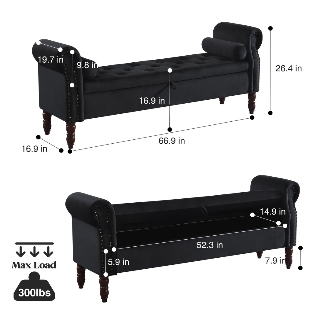 Storage Bench for Bedroom, 67" End of Bed Bench King Size, Velvet Bedroom Bench with Storage, Upholstered Tufted Storage Ottoman Benches with Arms for Bedroom, Entryway, Living Room, Beige