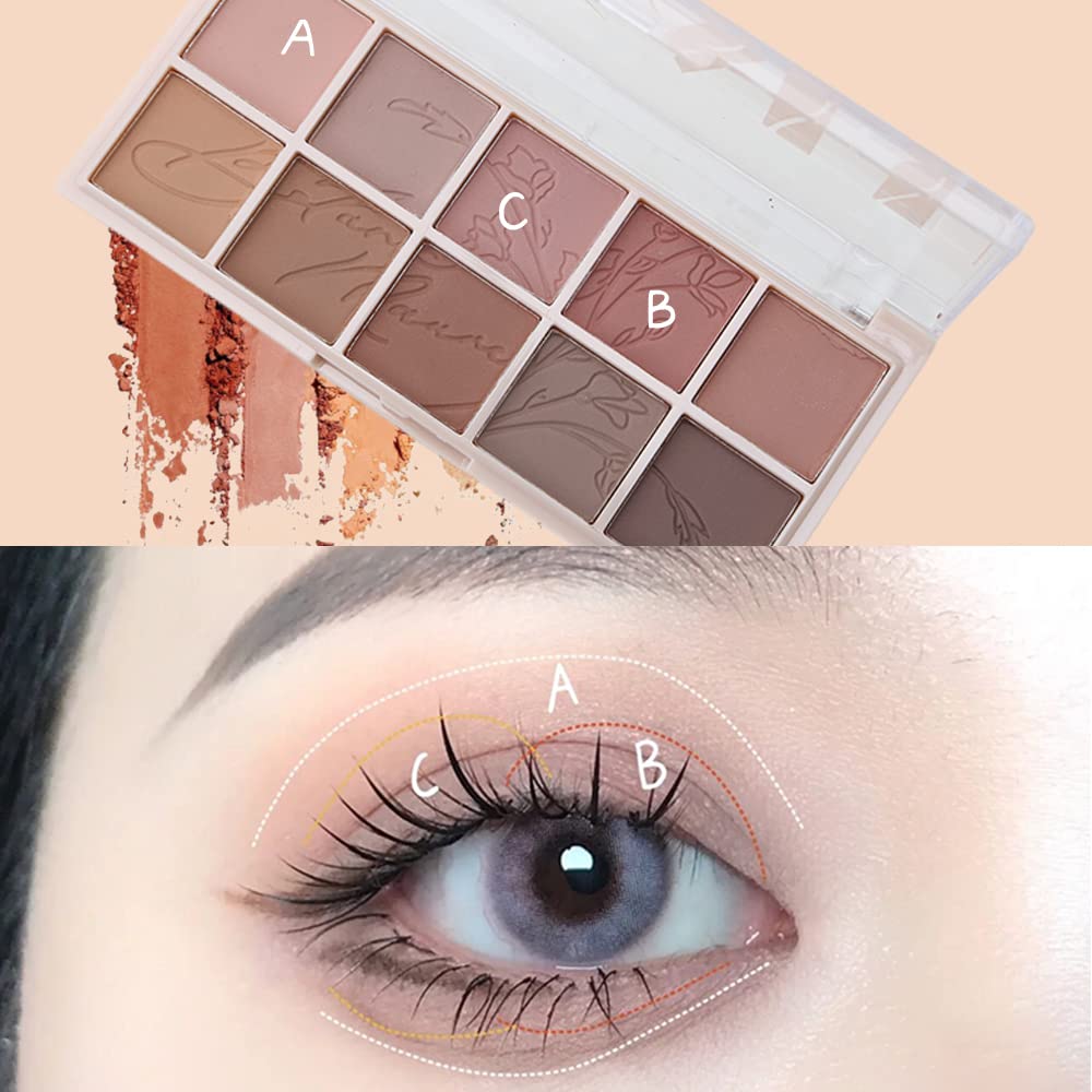 Erinde 10 Colors Eyeshadow Palette Makeup - Matte Shimmer Glitter Eye Shadow Korean Makeup, Ultra-Blendable, High Pigmented, Natural-Looking, Peach Brown Eyeshadow Pallet with Brush, Peach Color