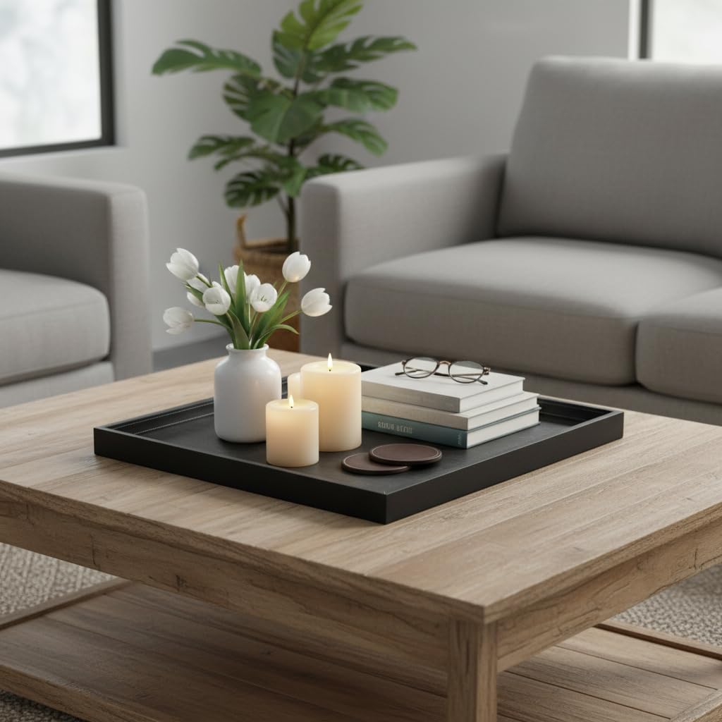 20x20 Inch Square Ottoman Tray - Faux Leather Large Serving Tray for Couch/Coffee Table, Family Dinner, Picnic, Party Decor (Beige)