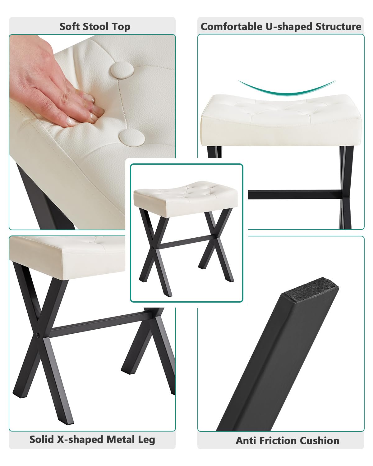 IBUYKE U-Shaped PU Vanity Stool, Square Makeup Chair with X-Leg, Ottoman Seat Footrest Stool, Multi-Use as Small Side Table, for Bedroom, Living Room, Black WBD019B