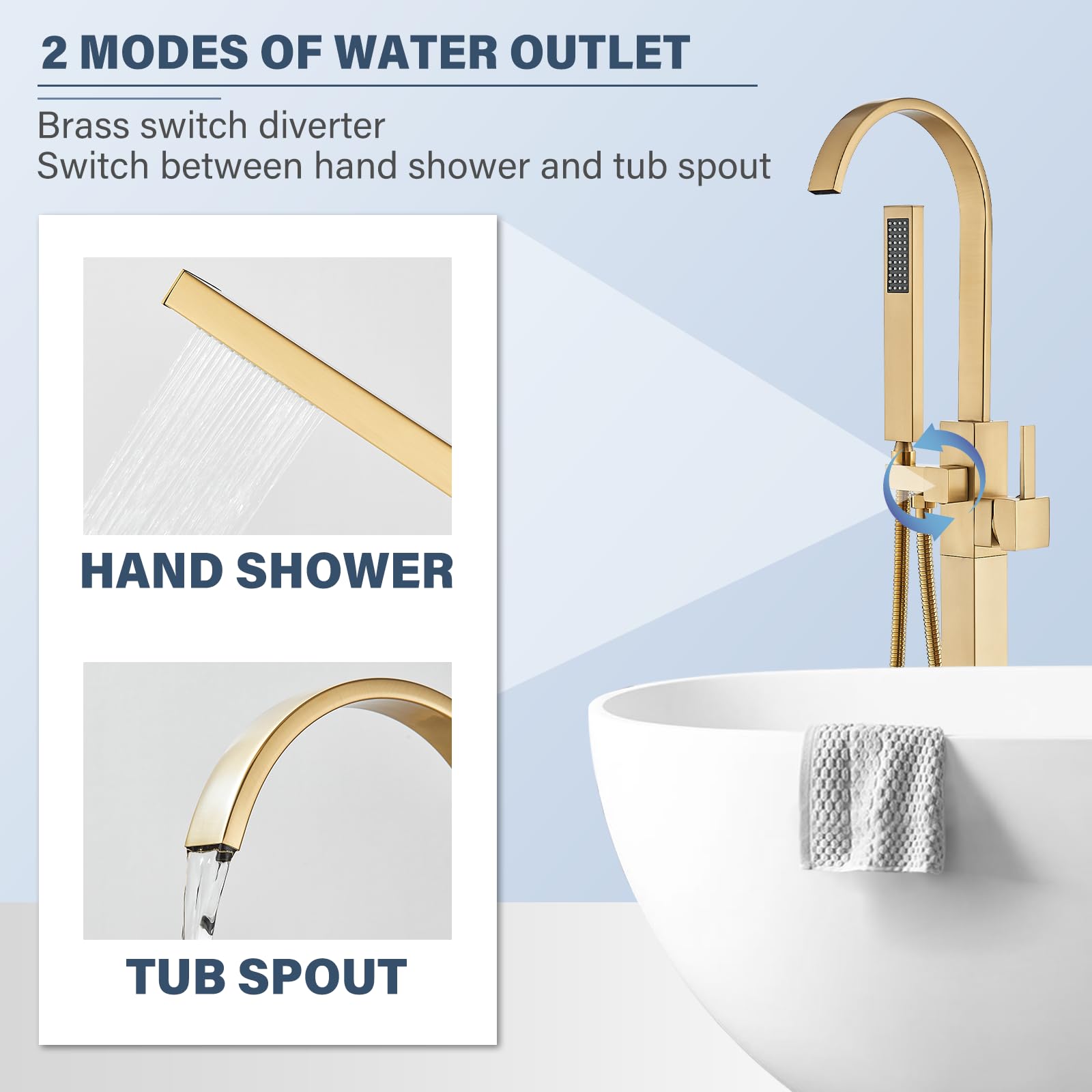 Brushed Gold Freestanding Bathtub Faucet with Hand Shower Tub Filler Faucet Floor Mounted High Flow Single Handle Bath Filler Solid Brass