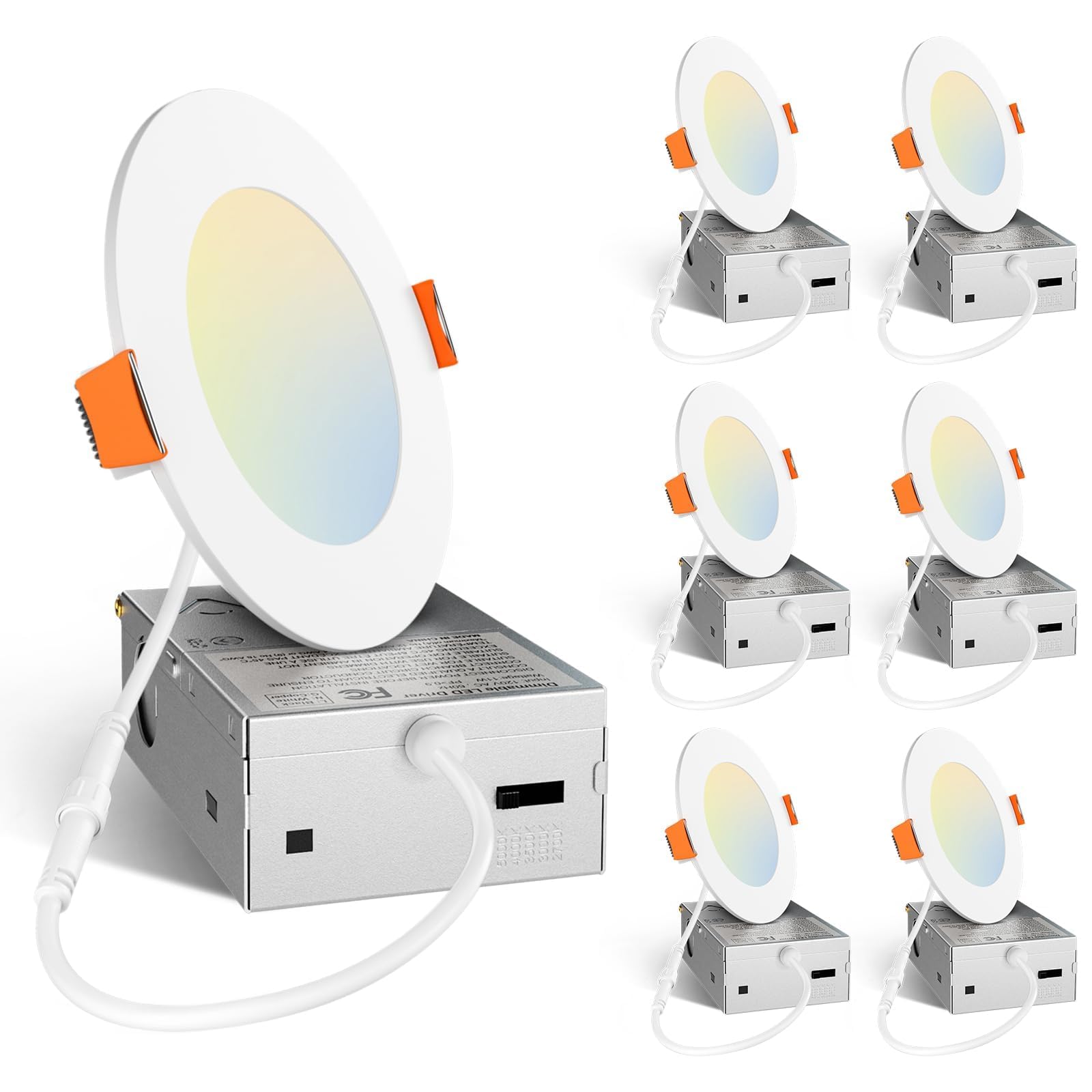 Amico 6 Pack 3 Inch 5CCT Ultra-Thin LED Recessed Ceiling Light with Junction Box, 2700K/3000K/3500K/4000K/5000K Selectable, 7W Eqv 60W 500LM Brightness Dimmable Canless Wafer Downlight, ETL