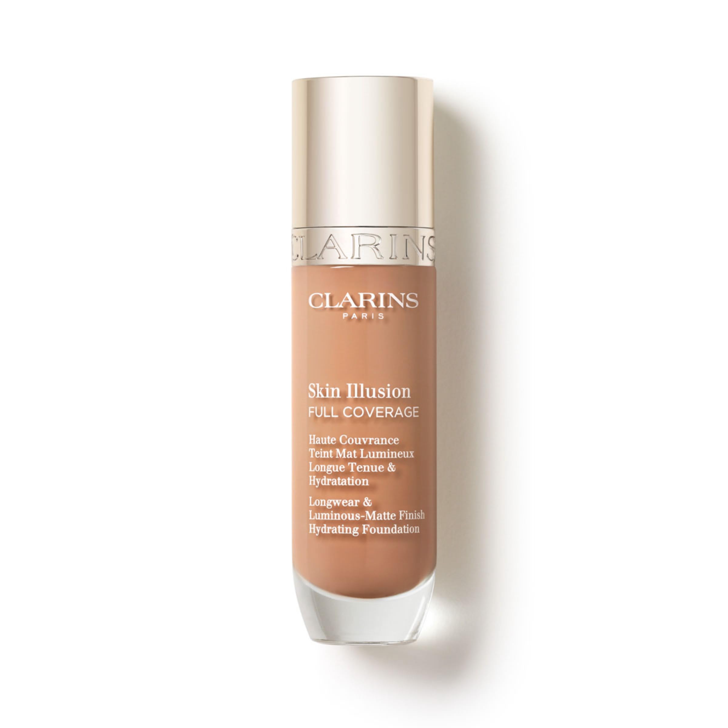 Clarins Skin Illusion Longwear Full Coverage Foundation|Luminous Matte Finish|24H Hold and 24H Hydration|Natural Looking|Transfer, Sweat and Smudge Proof| Contains Hyaluronic Acid|1 Fl Oz