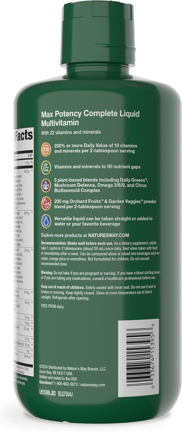 Nature's Way Alive! Max Potency Complete Liquid Multivitamin, Liquid Vitamin Promotes Energy Metabolism, Heart & Muscle Function* with Vitamins A, B, C, D, Multivitamins for Women & Men, 30.4 Fl Oz