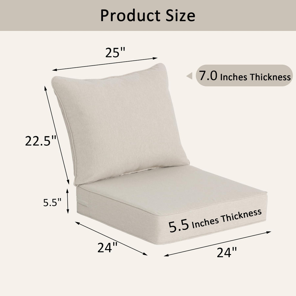 COZYVIDA 5.1" Thick Outdoor Patio Cushions Set of 2, 22"x24"x5.1" Seat, C0 Water-Resistant Breathable Fabric, UV-Resistant 1000+ Hrs, 35D Foam with Recycled Fiber Fill,Beige