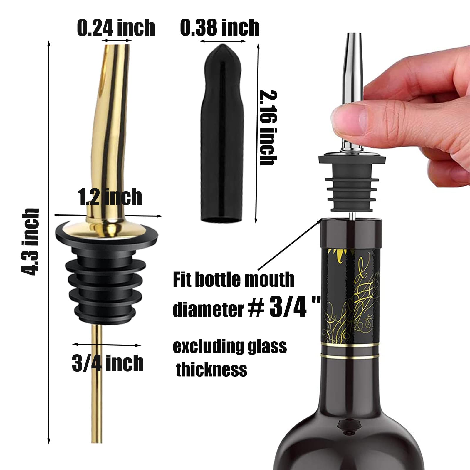 Pafusen 6 Pack Liquor Bottle Pourers, Liquor Pour Spout for Liquor Bottles, Stainless Steel Olive oil Dispenser Spout, Alcohol Pourer Spouts Dust Caps Covers Fixed, Gold