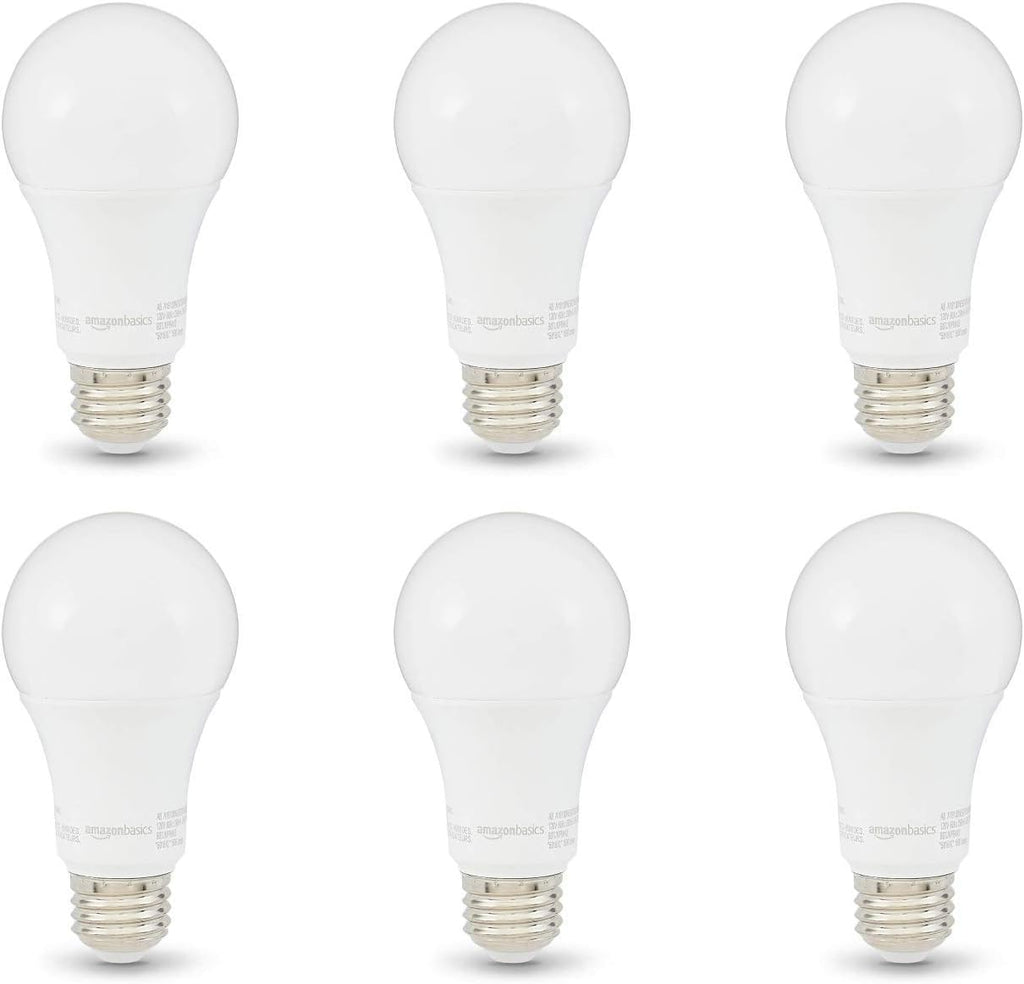 Amazon Basics A19 LED Light Bulbs, 100W Equivalent, 15W Energy Efficient, E26 Standard Base, Soft White 2700K, Non-Dimmable, 10,000 Hour Lifetime, 6-Pack