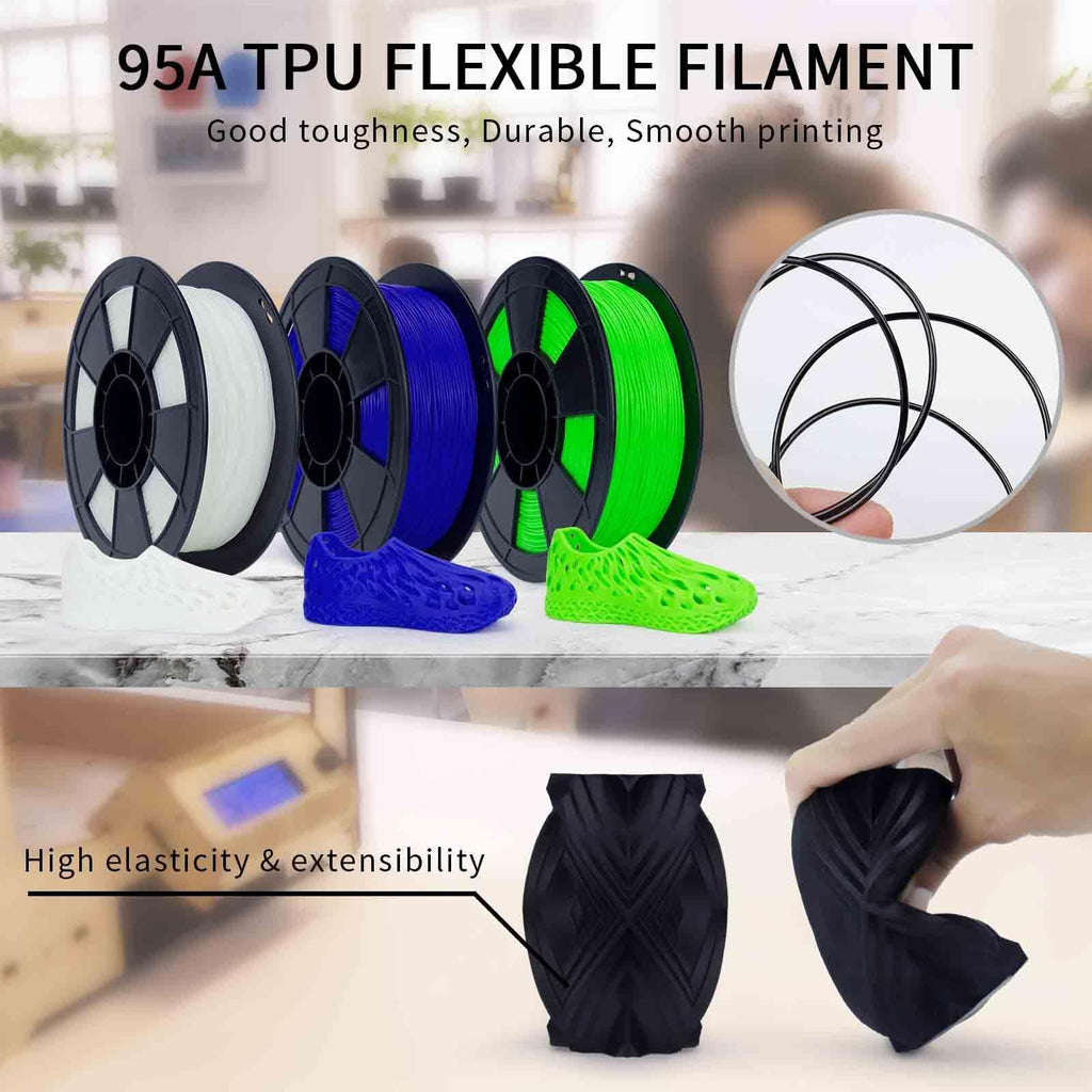 ZIRO TPU Filament 1.75mm 3D Printer Filament, Shore 95A Hardness TPU, Flexible Soft Material, 0.8KG/1.8lbs Spool, Fit Most FDM 3D Printers, Black