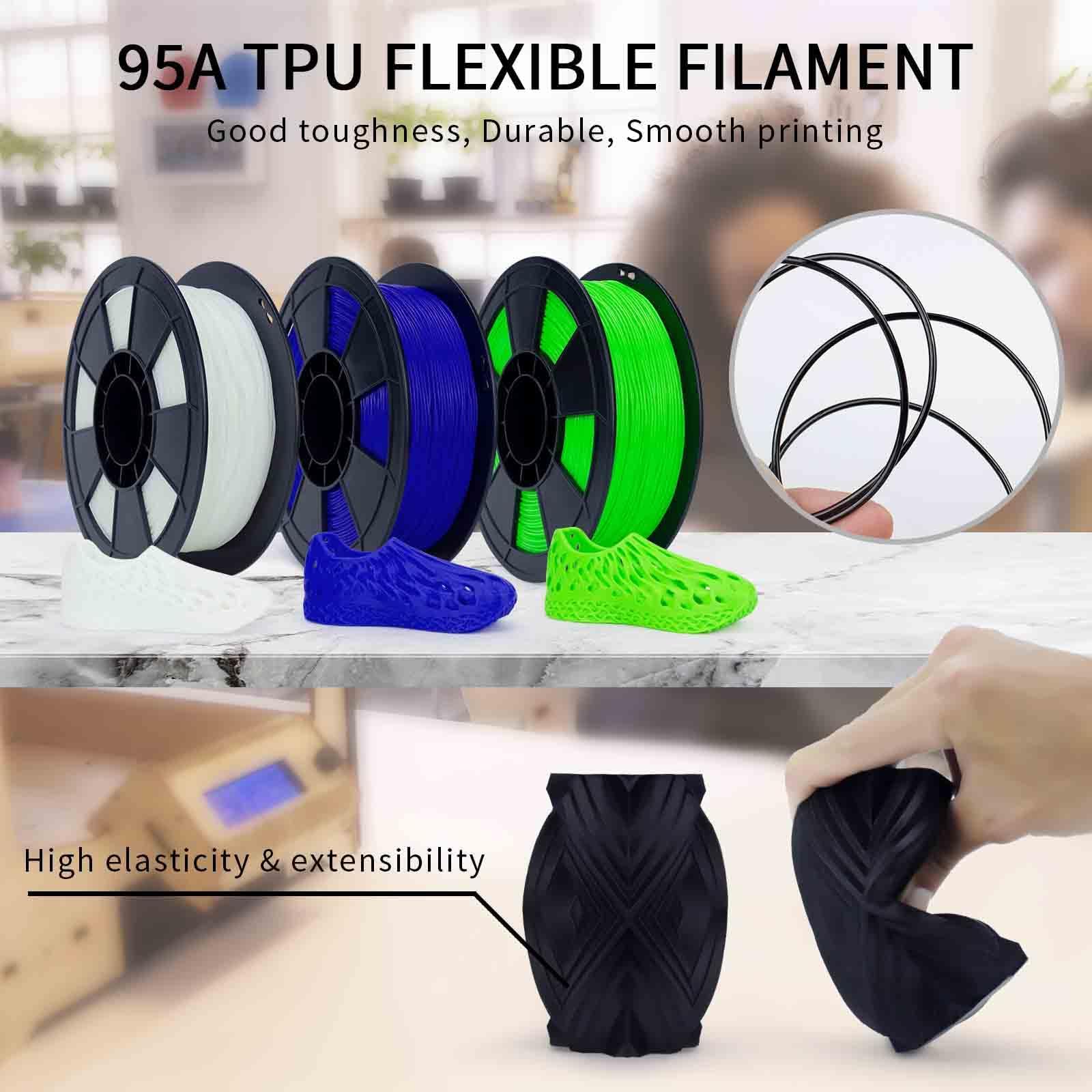 ZIRO TPU Filament 1.75mm 3D Printer Filament, Shore 95A Hardness TPU, Flexible Soft Material, 0.8KG/1.8lbs Spool, Fit Most FDM 3D Printers, Black