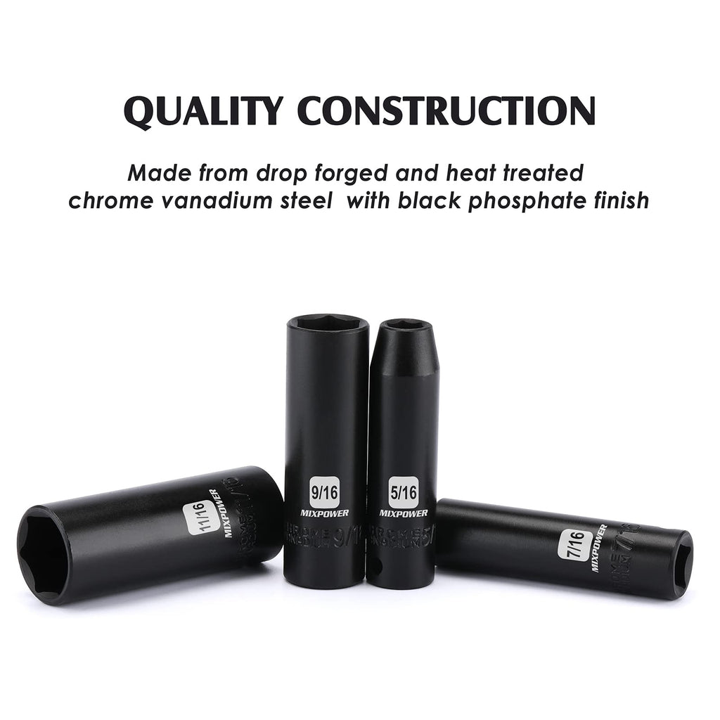 MIXPOWER 12 Pieces 3/8-Inch Drive Shallow Impact Socket Set, 5/16 to 1 inch, CR-V, SAE, 6 Point, Shallow, 12 Pieces 3/8" Dr. Socket