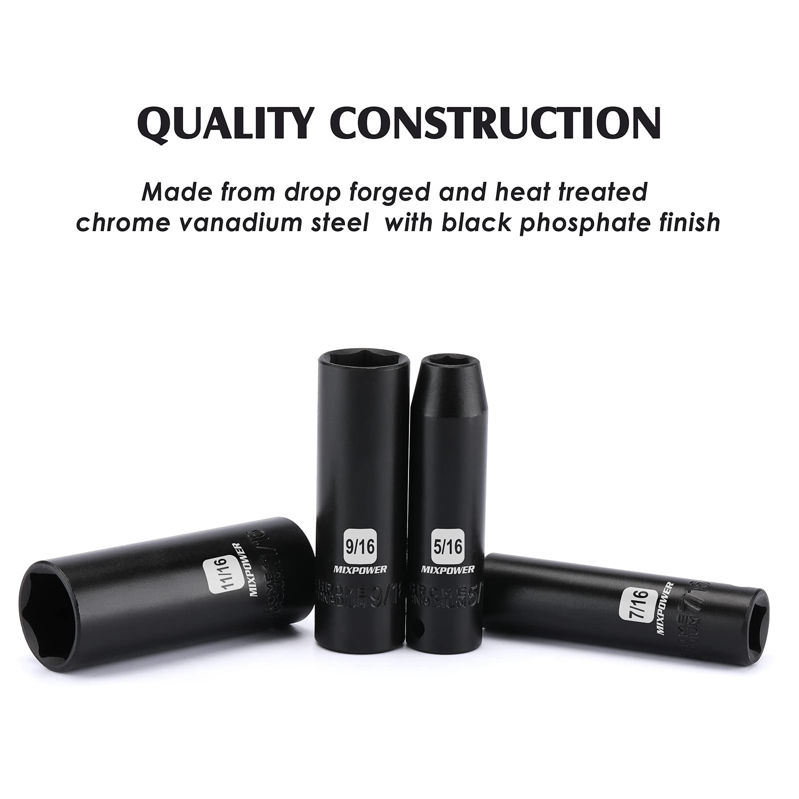 MIXPOWER 12 Pieces 3/8-Inch Drive Shallow Impact Socket Set, 5/16 to 1 inch, CR-V, SAE, 6 Point, Shallow, 12 Pieces 3/8" Dr. Socket