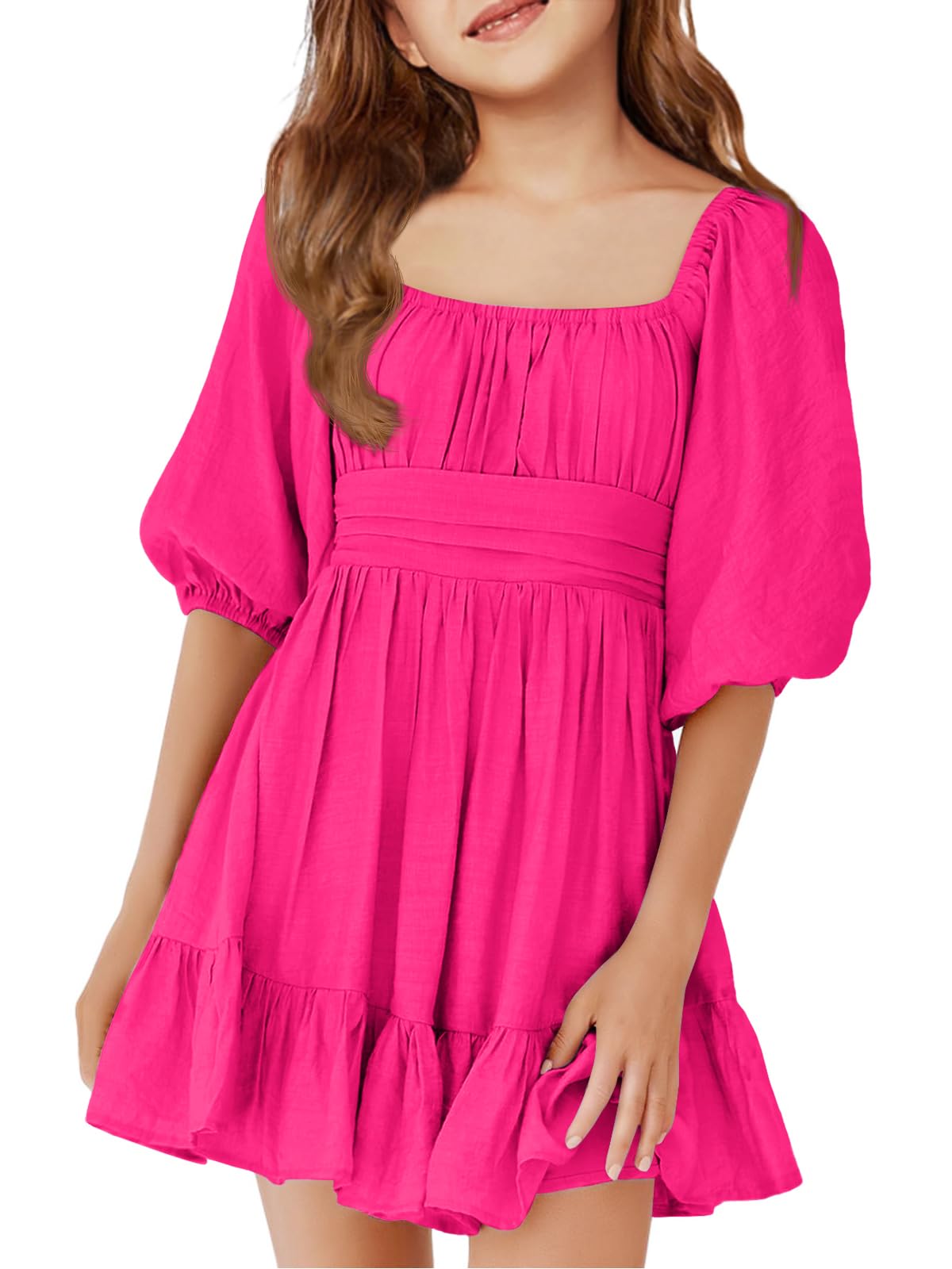 Girls Summer Dresses Square Neck Lantern Sleeve Tie Backless Ruffle A-Line Party Mini Dress