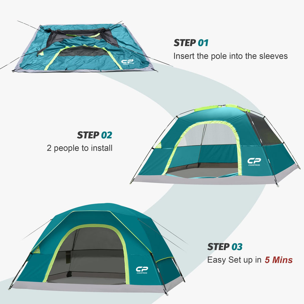 CAMPROS CP Camping Tent 2/4/6 Person, Waterproof Windproof Double Layer Dome Tent, Easy Setup with Large Mesh Windows & Wide Door for Outdoor Camping Backyard