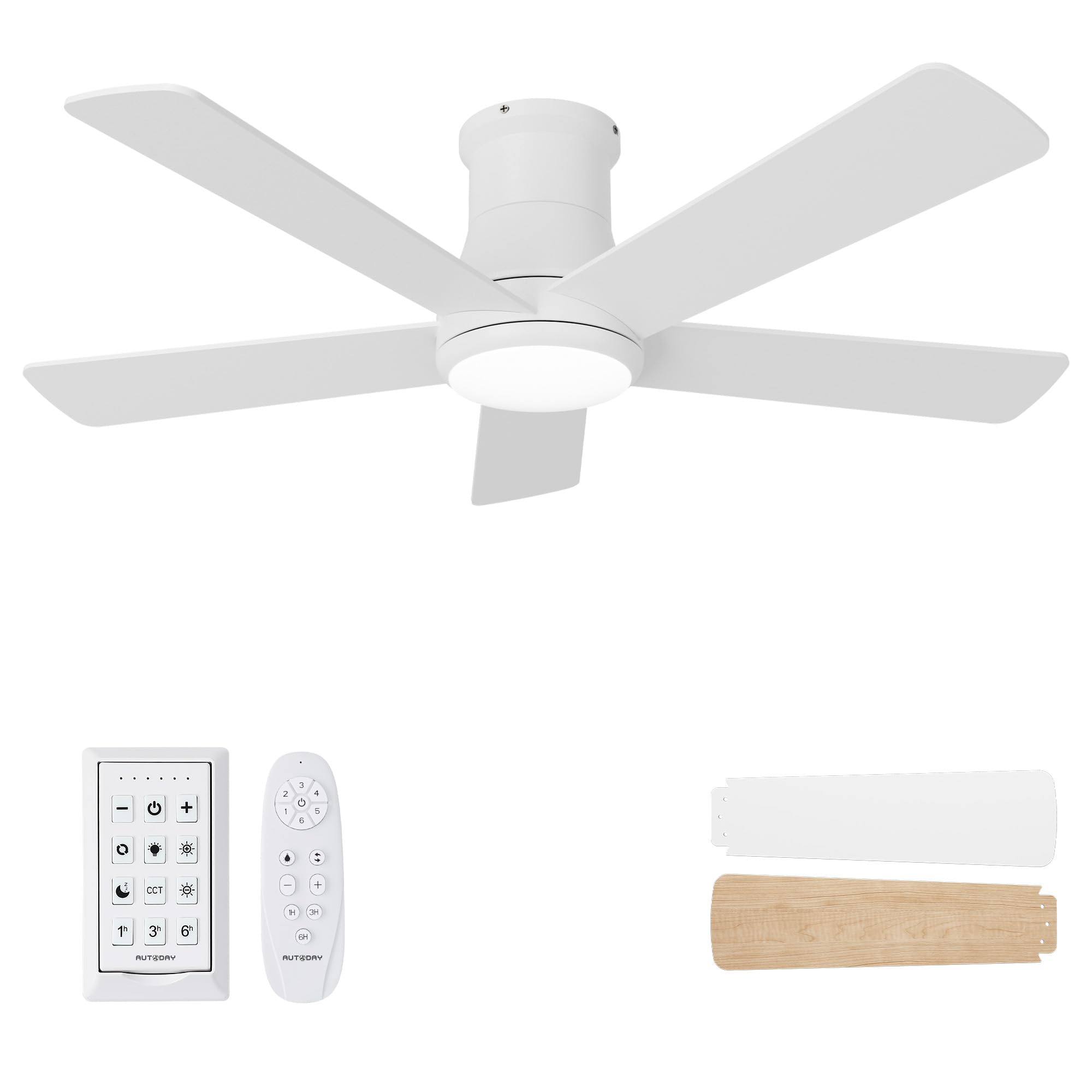 42 Inch Low Profile Ceiling Fan with Light, White Ceiling Fans with Lights and Remote, Flush Mount, 6 Speeds Reversible Quiet DC, 3CCT Dimmable, Indoor Outdoor Ceiling Fans for Patios Bedroom