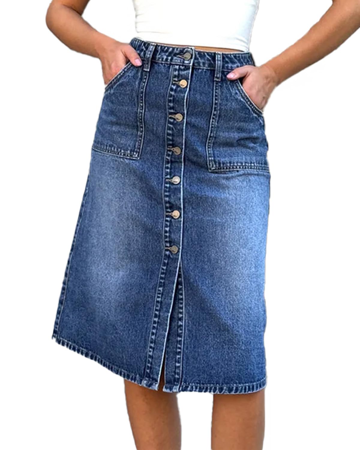 Jean Skirt for Women Denim Skirt High Waist Stretch Midi Denim Skirts with Pockets