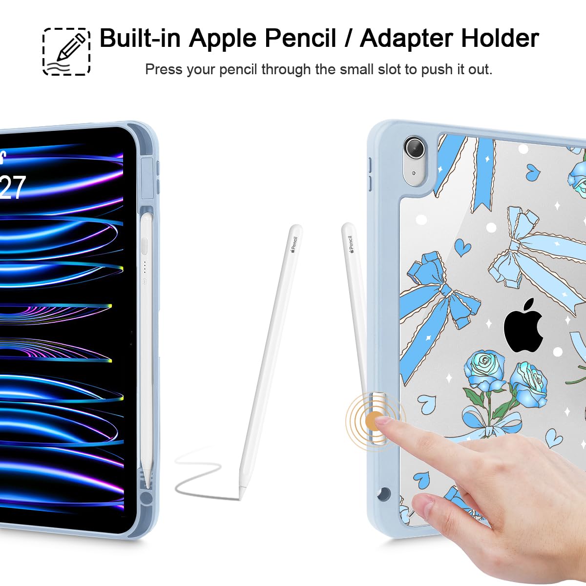 Tuiklol Case for iPad Air 11 Inch M4 2026 / Air 11 Inch M3 2025 / Air 11 Inch M2 2024 / iPad Air 10.9 Inch 2022 2020, Buit in Pencil Holder with Shockproof Cover Clear Transparent Back, Black Flower