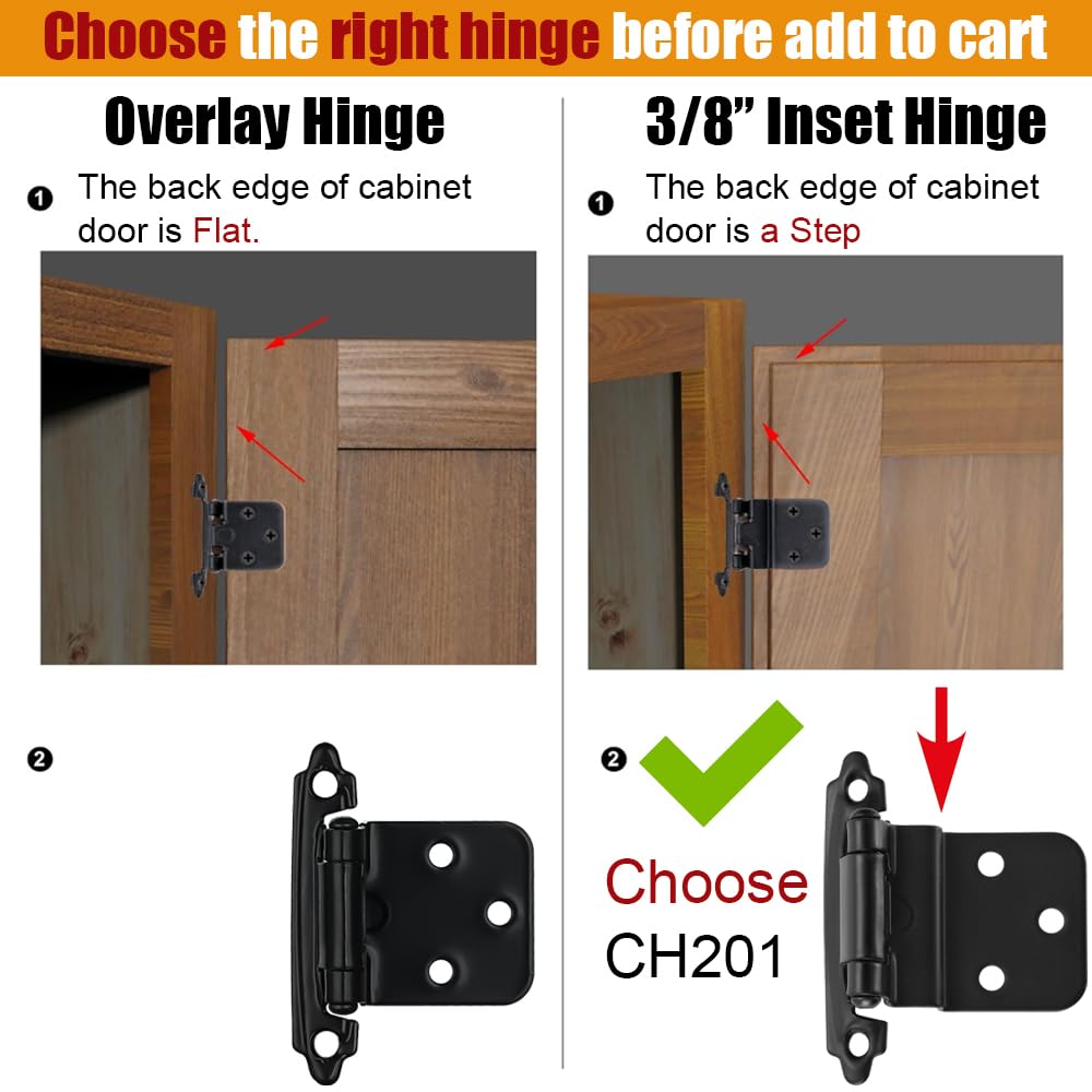 JQK 3/8 Inch Inset Cabinet Door Hinges Oil Rubbed Bronze, 4 Pack 2 Pairs Flush Face Mount Cupboard Self-Closing Kitchen Cabinet Hardware Hinges with Door Bumper, CH201-ORB-P4