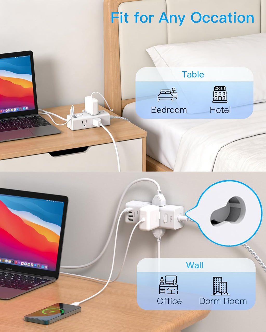 One Beat Short Extension Cord 1Ft, Flat Plug Power Strip Surge Protector - 6 Widely Outlets with 4 USB Ports (2 USB C), Wall Mount Small Power Strip for Travel, Home Office College Dorm Essentials