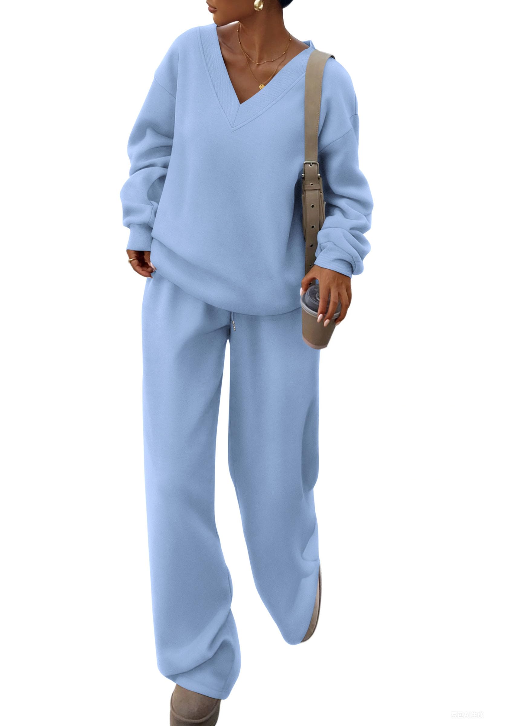 PRETTYGARDEN Casual Winter Two Piece Sets for Women 2026 V Neck Sweatshirt Loose Wide Leg Pants Tracksuit Knit Fall Outfits