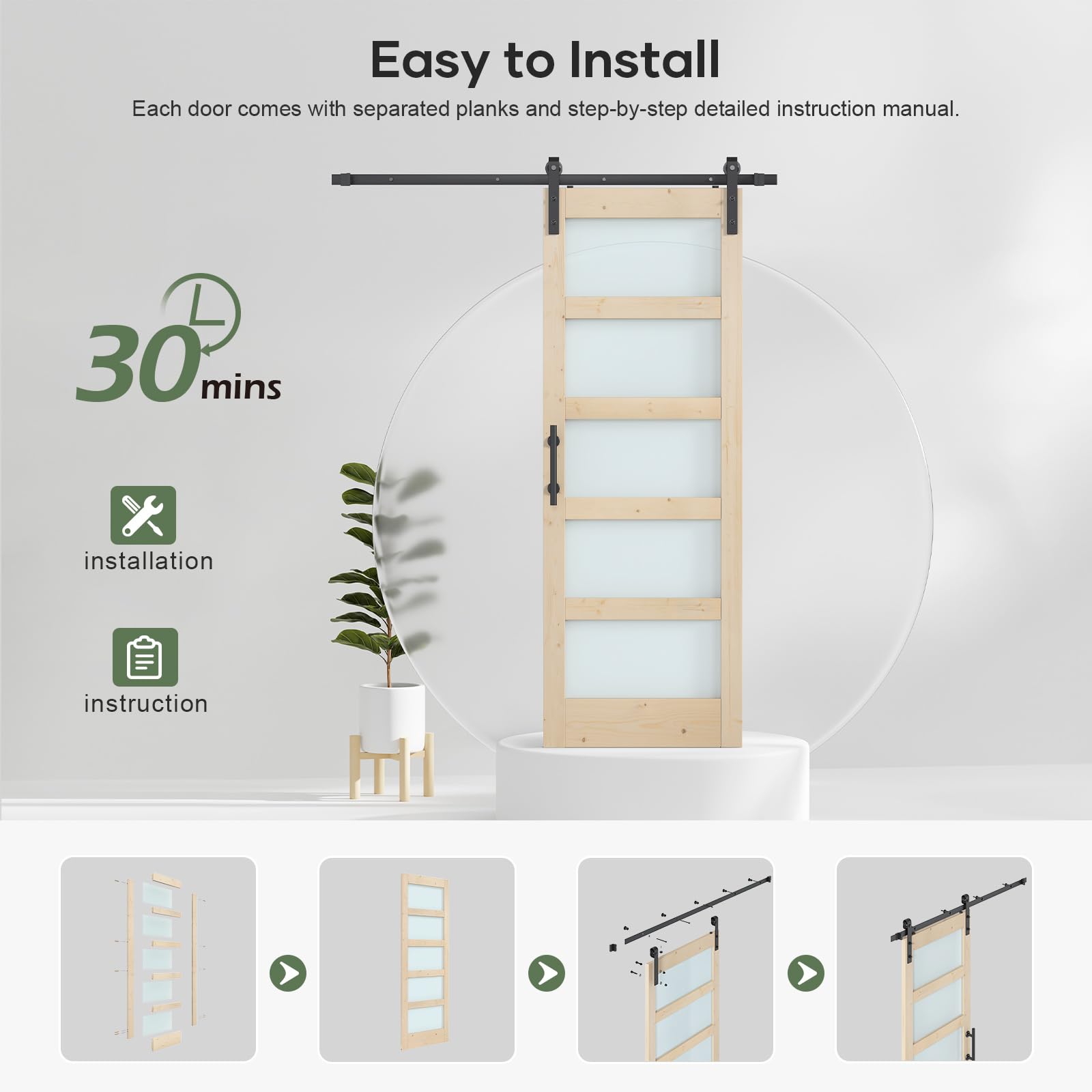 Double 18×84 inch Glass Sliding Barn Door Slab with 6.6ft Hardware Kit Included, 5-Panel Frosted Glass, Spruce Wood Support DIY Dyeing, Easy Assembly