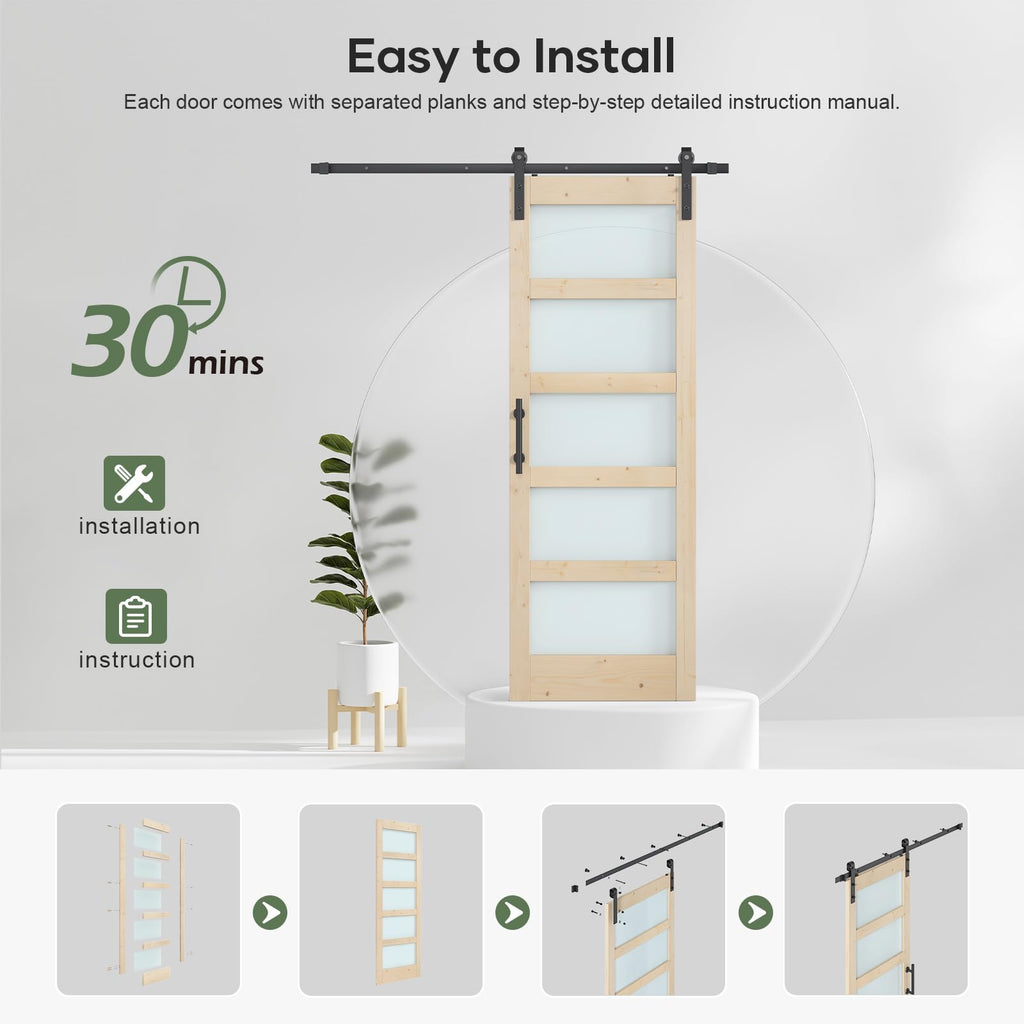 Double 18×84 inch Glass Sliding Barn Door Slab with 6.6ft Hardware Kit Included, 5-Panel Frosted Glass, Spruce Wood Support DIY Dyeing, Easy Assembly