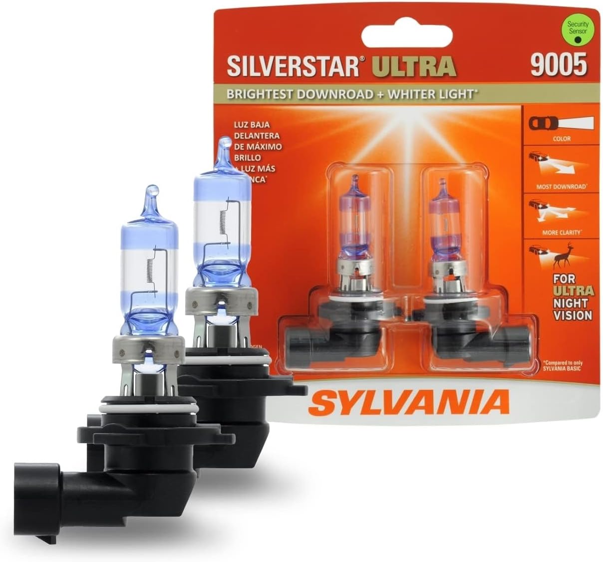 SYLVANIA - 9005 SilverStar Ultra - High Performance Halogen Headlight Bulb, High Beam, Low Beam and Fog Replacement Bulb, Brightest Down Road with Whiter Light, Tri-Band Technology (Contains 2 Bulbs)