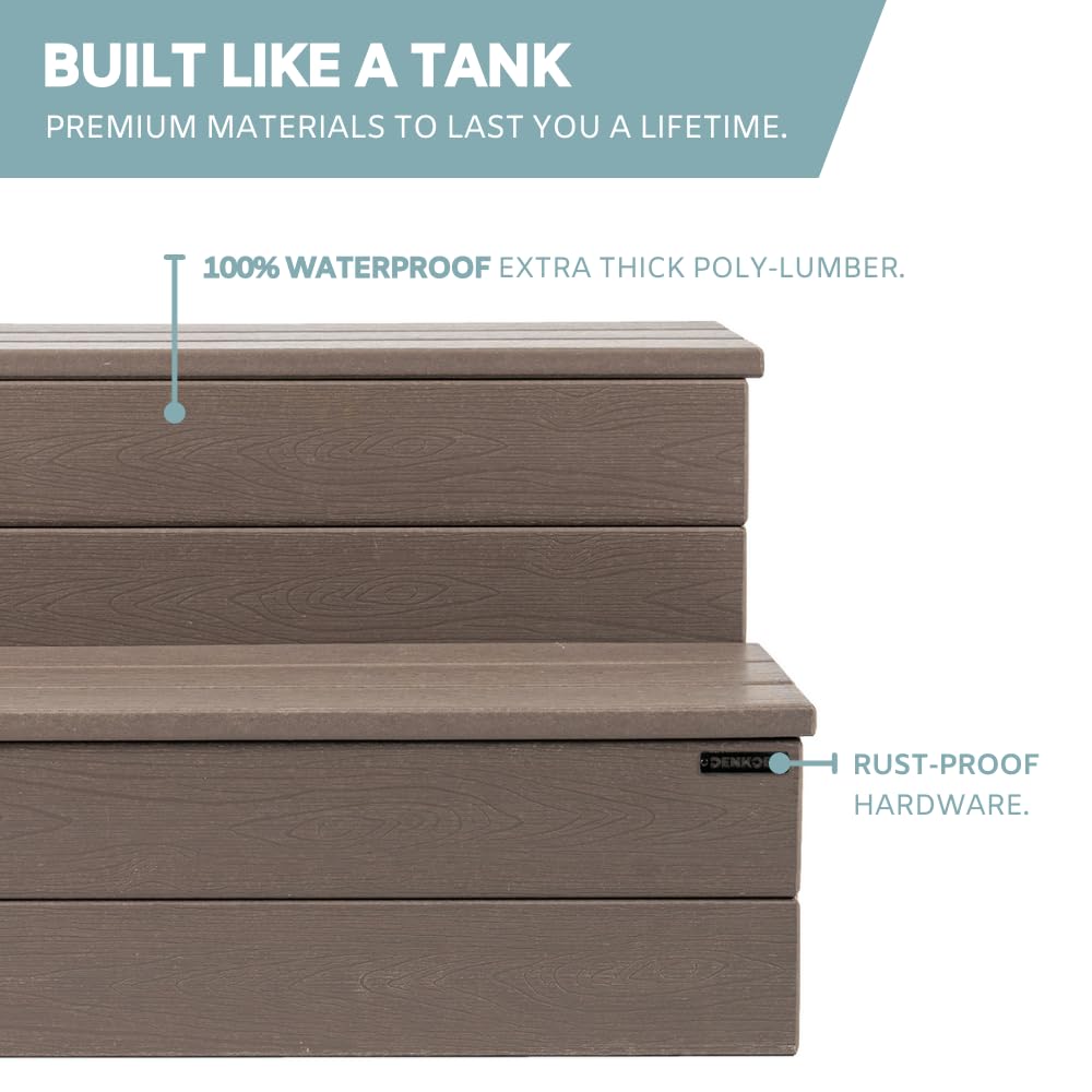DENKOE Hot Tub Steps - Wood Looking Plastic - 100% Waterproof - Brown Non Slip, Heavy Duty, Multi Use as Porch Steps, Hot Tub Stairs, Outdoor Stairs, Fits Any Spa Size