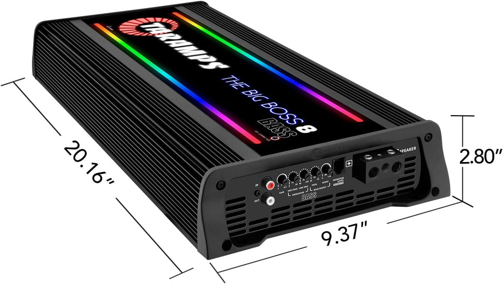 Taramps The Big Boss 8 Bass Black Color Amplifier 0.5 to 2 Ohms 8000 Watts RMS 108 RGB Effects, Multi Impedance, Monoblock Class D, Smart 8k Car Audio