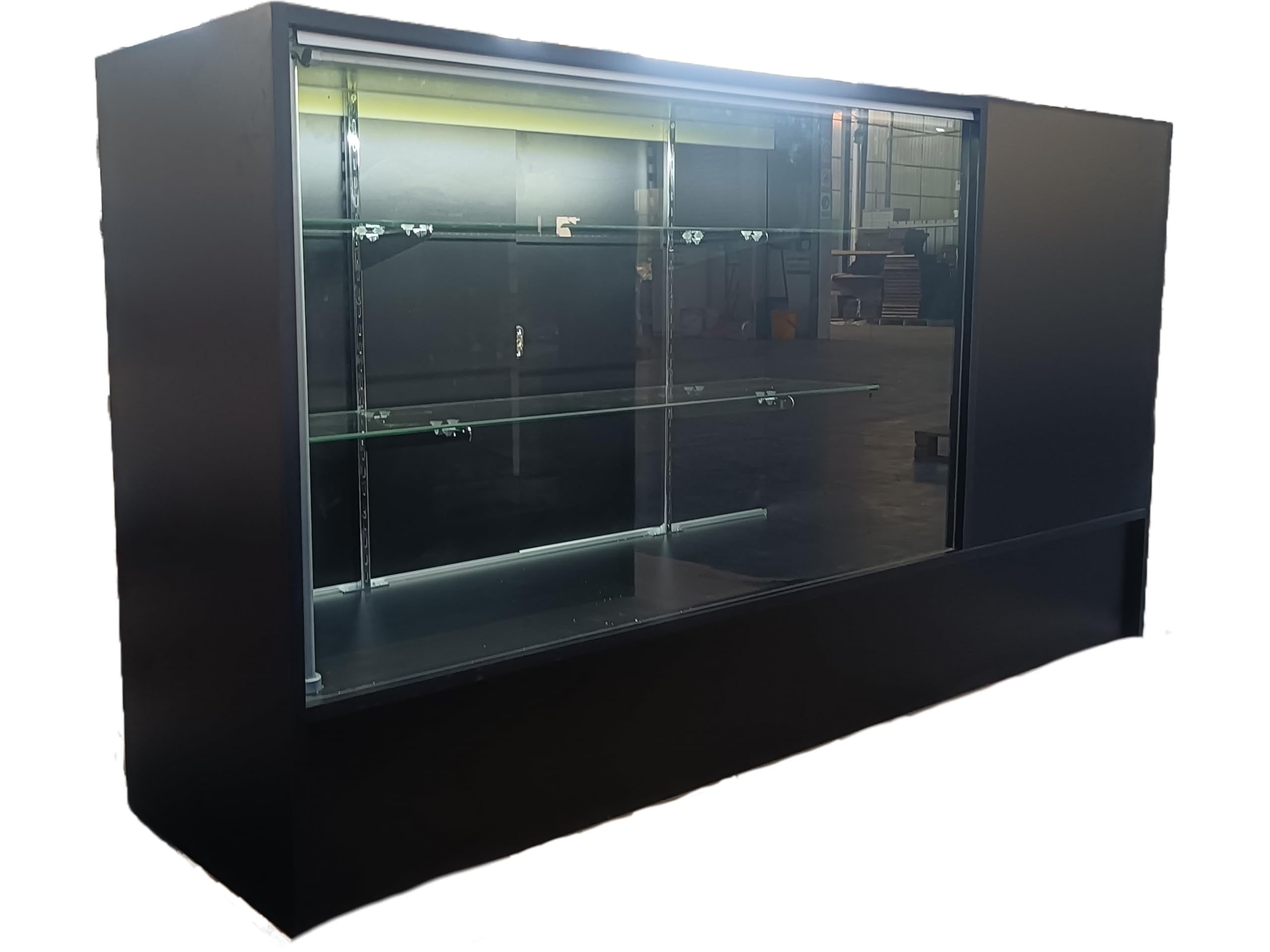 Only Hangers Full Vision Display Showcase with LED Lights, 72" Wide or 48" Wide- Available in Black, Maple, and White (Black Register Stand with Glass Front and LED Lights, 48")