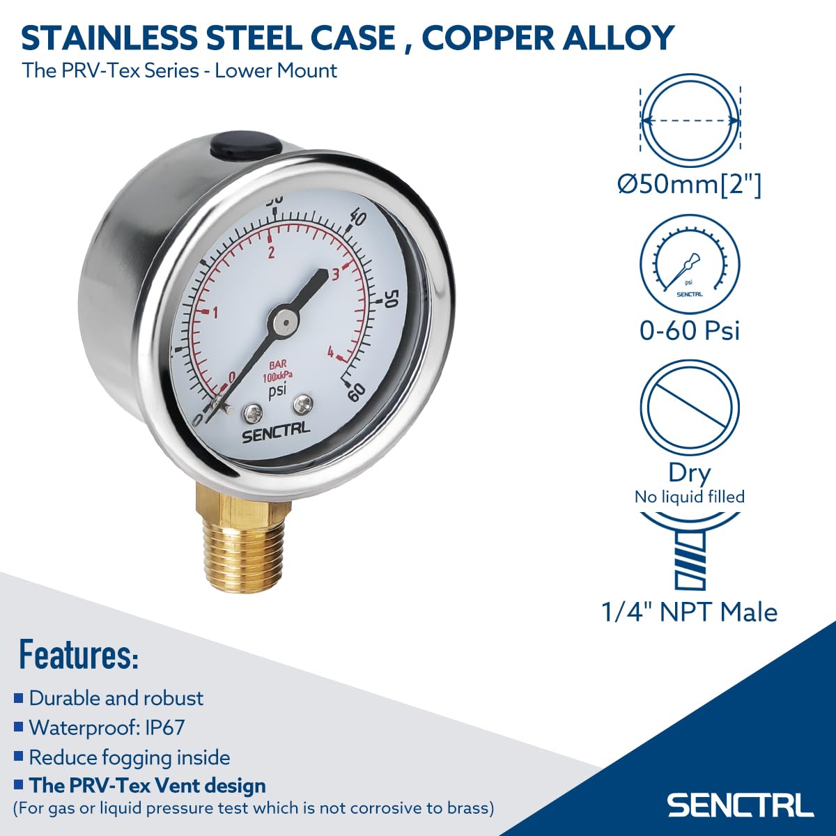 SENCTRL 30inHg Vacuum Pressure Gauge, 2" Dial, 1/8 NPT Lower Mount, Waterproof, Stainless Steel Case, for Tube Tester, HVAC, Pneumatic Air Compressor, Hand Pump, Valve Test