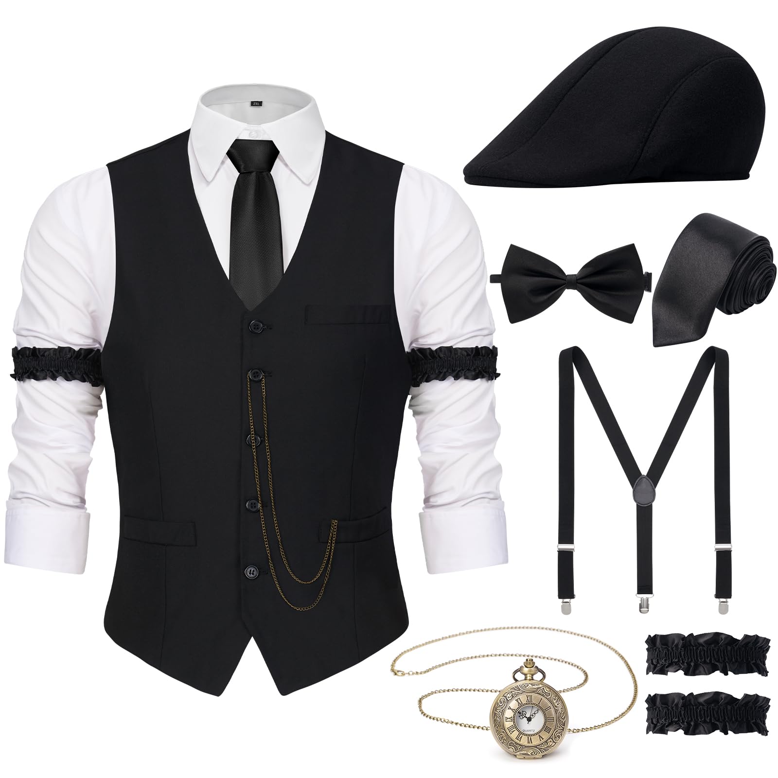 YESSA 1920s Mens Costume,Roaring 20s Costumes for Men,Gatsby Costume Men,1920s Mens Outfit Hat Vest Pocket Watch Tie