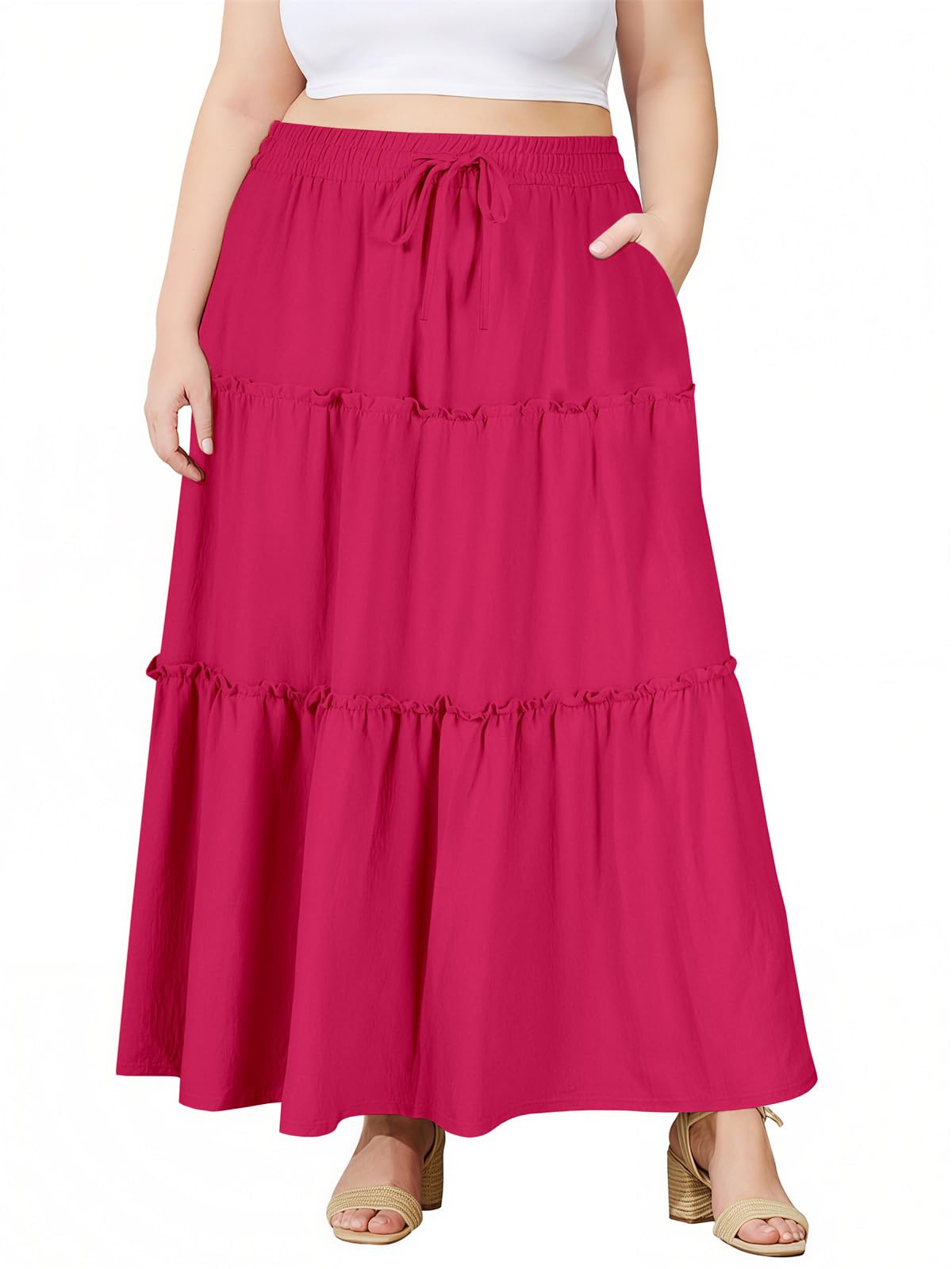 Moon Wood Plus Size Maxi Skirts for Women Trendy Long Flowy Boho Tiered Skirt Renaissance Summer Beach Skirt with Pockets