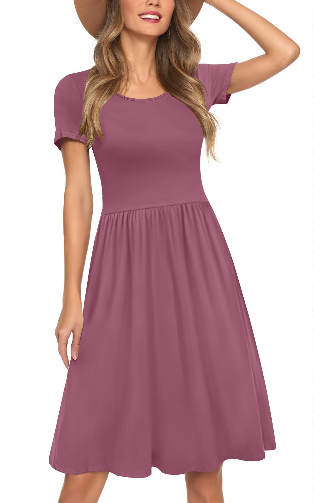Womens Short Sleeve Empire Waist Dresses Casual Summer Dress with Pockets