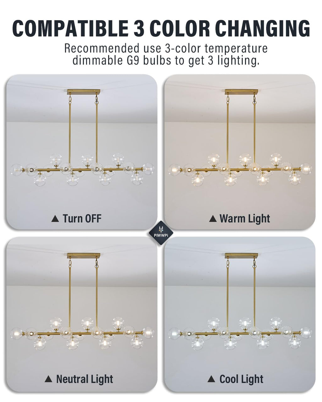 Modern Linear Chandeliers for Dining Room, 8-Light Globe Sputnik Pendant Ceiling Light, Black Dining Room Light Fixture Over Table, Mid Century Glass Milk White Bubble, 31.5 Inch, GC-09