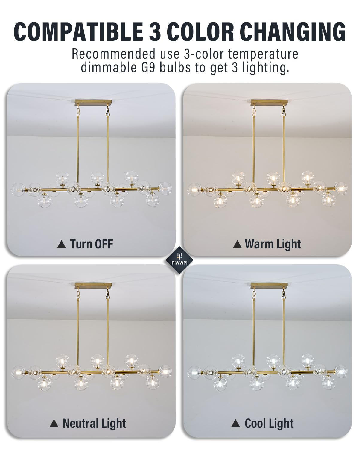 Modern Linear Chandeliers for Dining Room, 8-Light Globe Sputnik Pendant Ceiling Light, Black Dining Room Light Fixture Over Table, Mid Century Glass Milk White Bubble, 31.5 Inch, GC-09