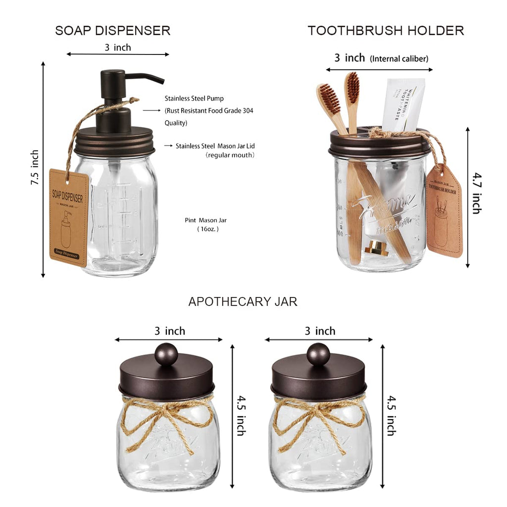 SheeChung 6Pcs Mason Jars Bathroom Accessories Set Complete - Toothbrush Holder, Lotion Soap Dispenser, 2 Mason Jars, Soap Dish, Toilet Paper Basket, Rustic Farmhouse Decor (Black, 6Pcs Bathroom Set)