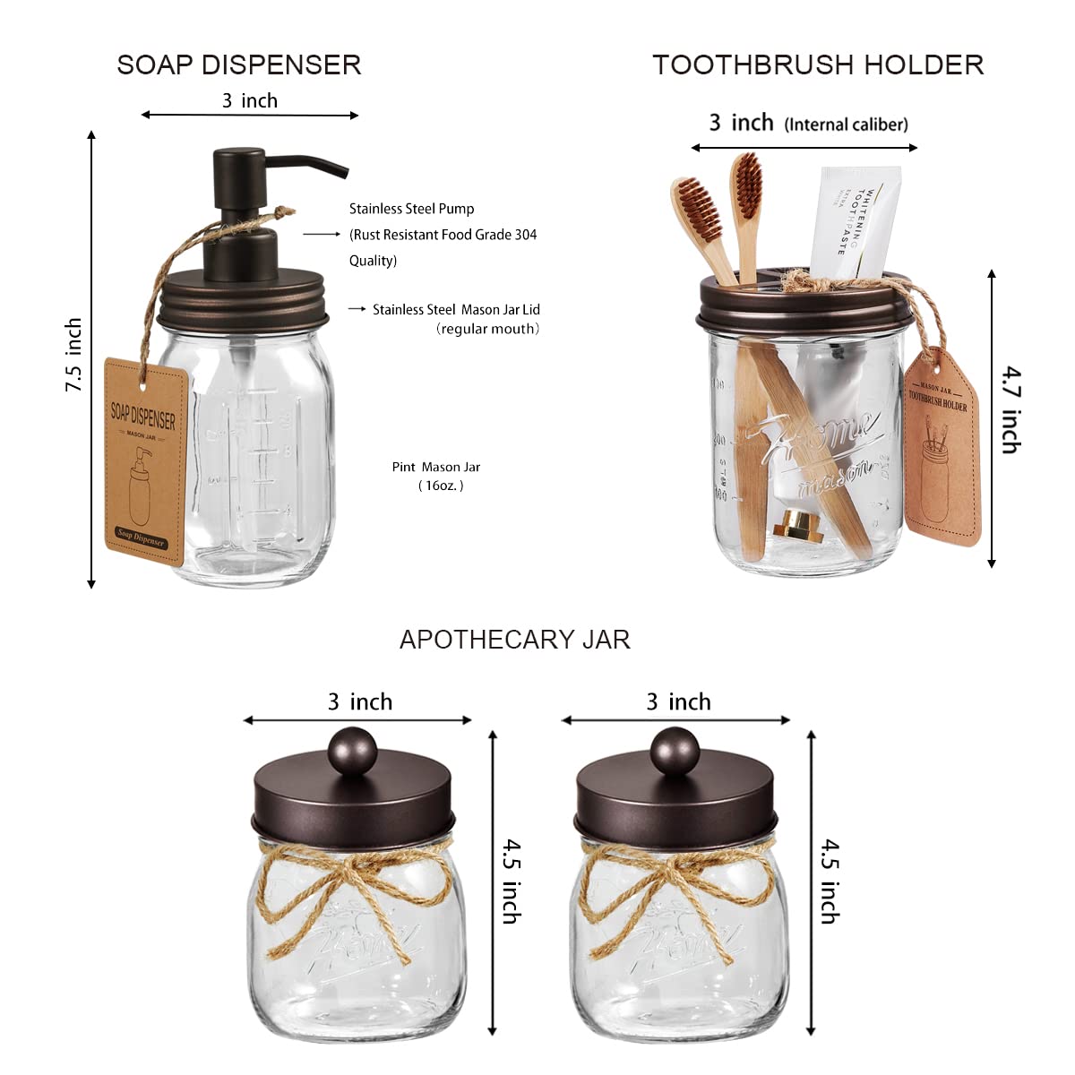 SheeChung 6Pcs Mason Jars Bathroom Accessories Set Complete - Toothbrush Holder, Lotion Soap Dispenser, 2 Mason Jars, Soap Dish, Toilet Paper Basket, Rustic Farmhouse Decor (Black, 6Pcs Bathroom Set)