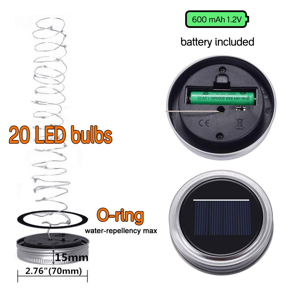 SunKite Solar Mason Jar Lights [Updated], 8 Pack 20 LED Waterproof Fairy Firefly Jar Lids String Lights with Hangers(NO Jars), Patio Yard Garden Wedding Decoration - Colorful