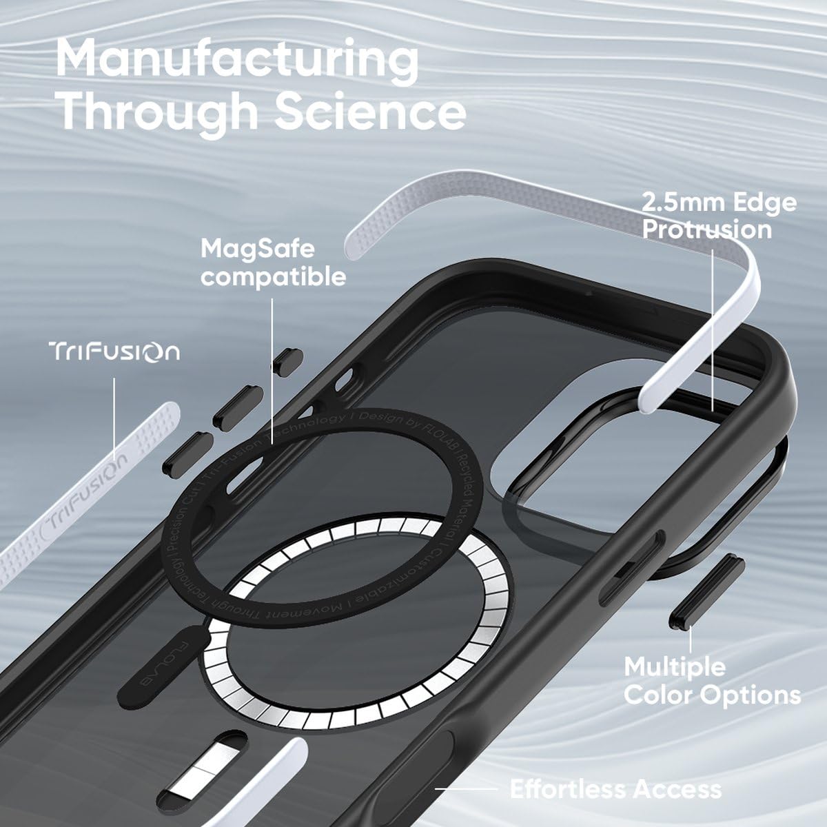 FLOLAB Surtect Tri-Fusion Magnetic for iPhone 16 Case Protective Slim Design Magsafe Compatible Military Grade - Black Clear