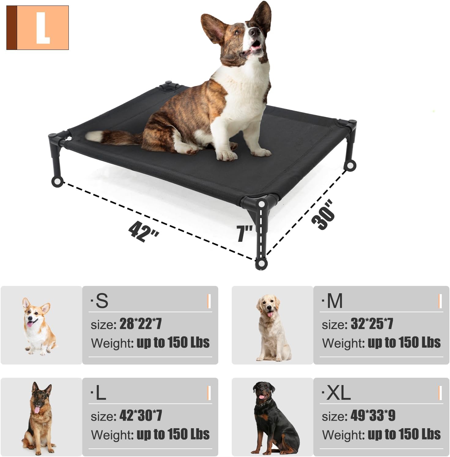 Garnpet Elevated Dog Bed for Large Dogs, Raised Dog Cot Fits Up to 120 LBs, Heavy Duty Pet Cots with Durable Supportive Teslin Recyclable Washable Mesh, Indoor & Outdoor Pet Bed, Black