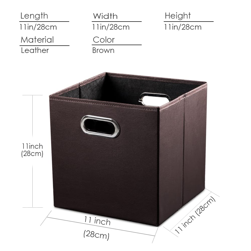 PRANDOM Leather Foldable Cube Storage Bins 11x11 inch [4-Pack] Fabric Storage Baskets Cubes Drawer with Cotton Handles Organizer for Shelves Nursery Closet Bedroom Clothes Black