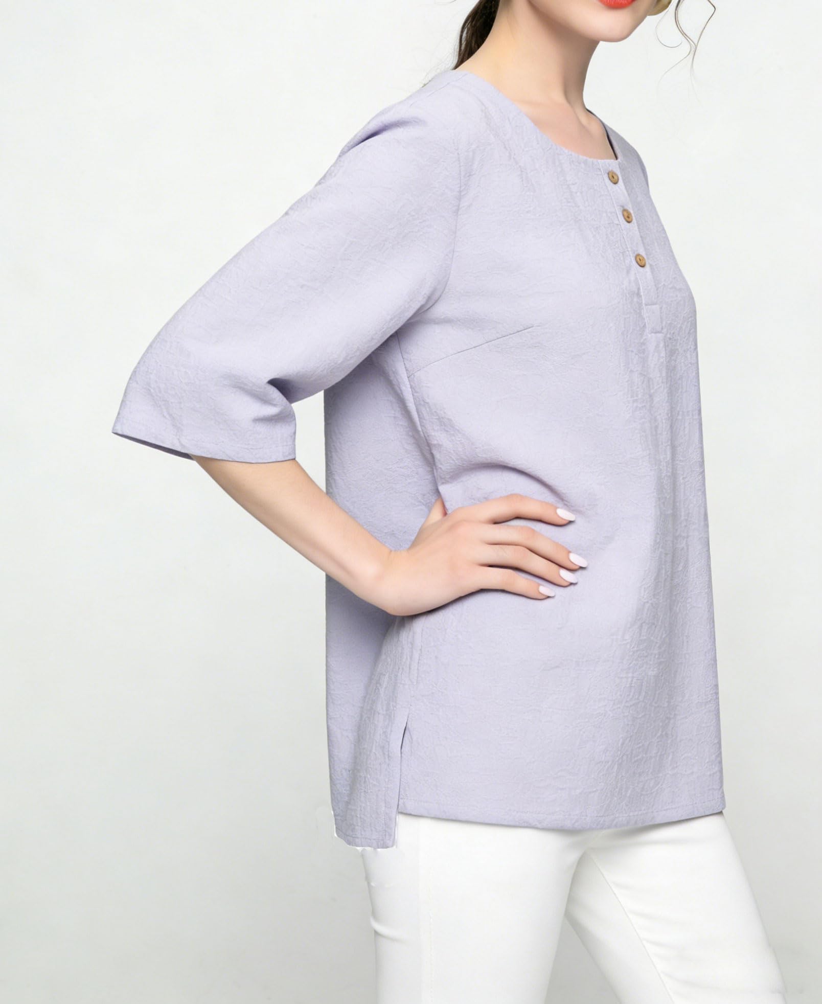 Minibee Women's 3/4 Sleeve Cotton Linen Jacquard Blouses Top T-Shirt