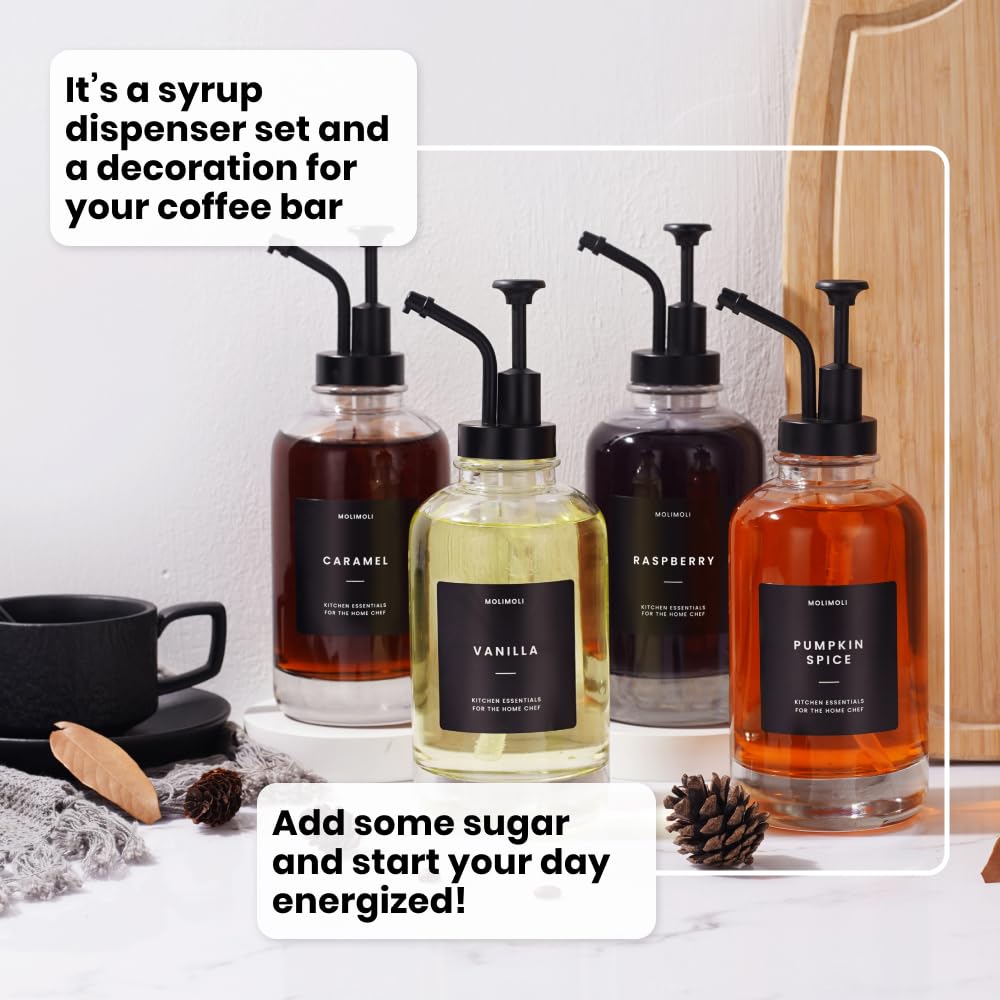 Molimoli Coffee Syrup Dispenser - Glass Bottle w. Pump, 11.8 oz 350 ml, Set of 2, Black Upgraded Pump