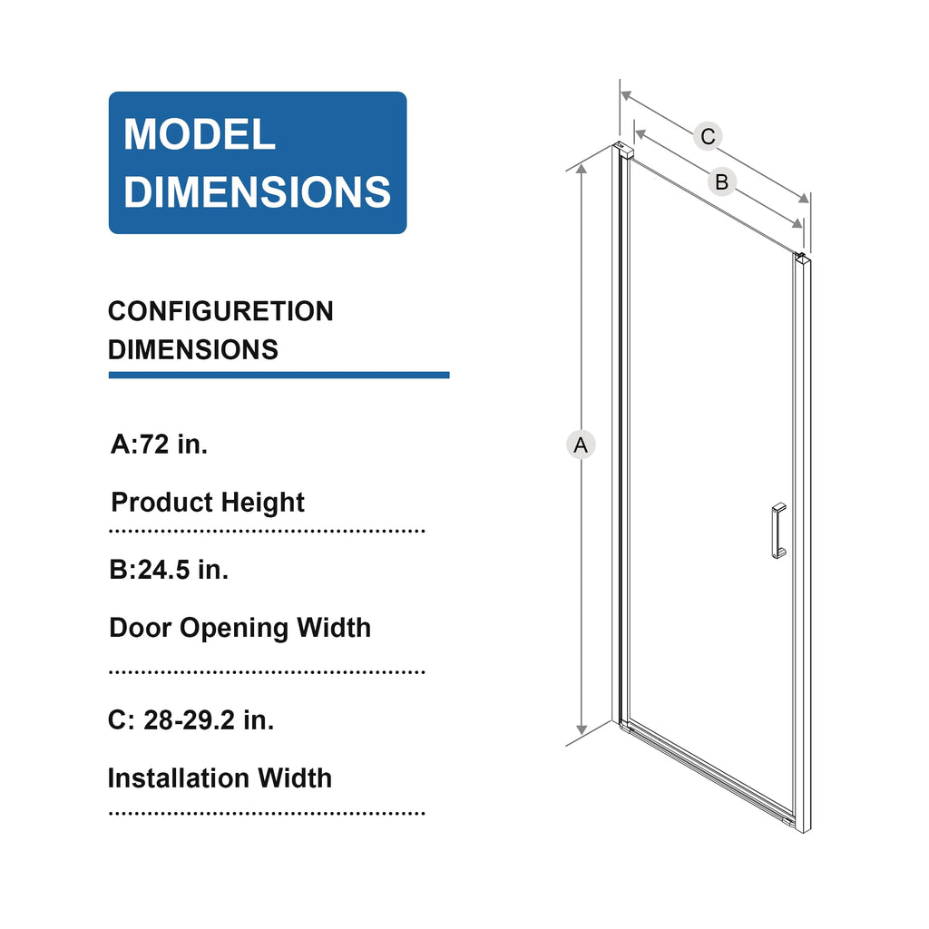 28” x 72” Pivot Shower Door, 1/4 inch Tempered Glass Panel Pivot Swing Shower Door in Matte Black Finish, Semi-Frameless Design