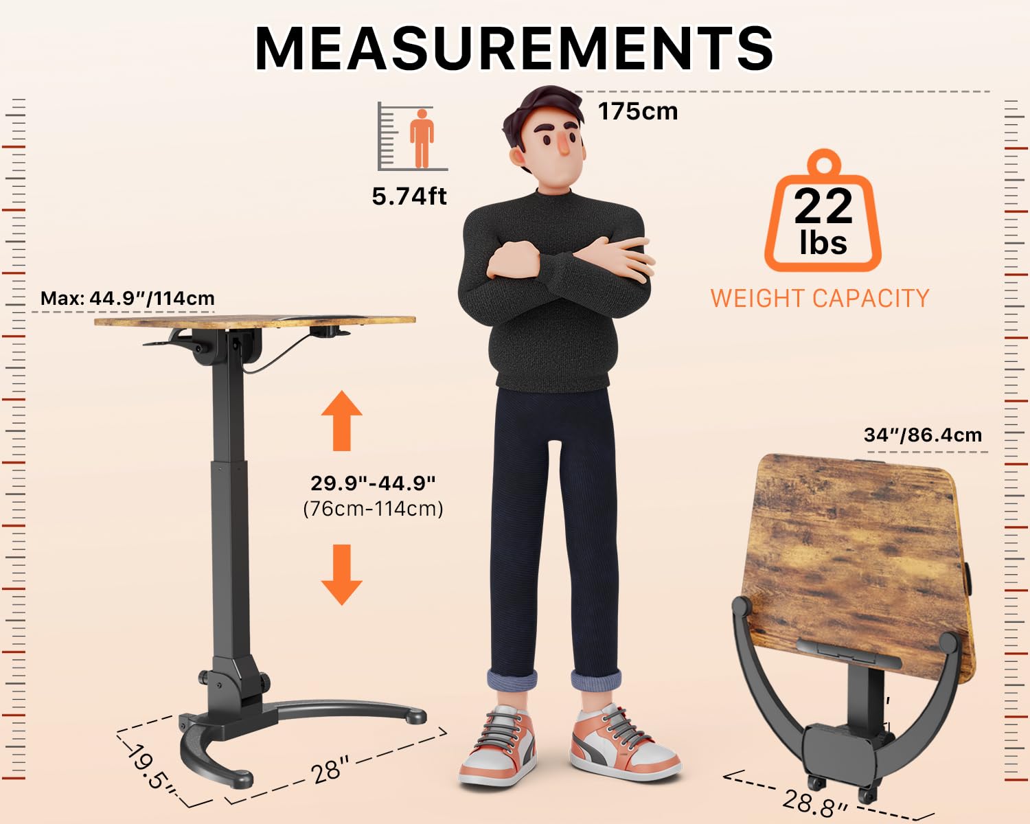JOY worker Foldable Mobile Standing Desk, Height Adjustable Sit Stand Desk, 90° Tiltable Rolling Laptop Table, Portable Workstation with Non-Slip Mat for Home Office, Holds Up to 22lbs, Black