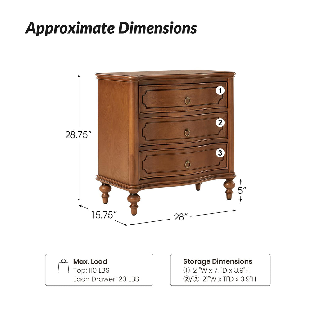 HULALA HOME Traditional Side Table with 3 Drawers, Tall Side Table with Curved Front Profle Desgin, Charging Station, Solid Wood Legs, Black