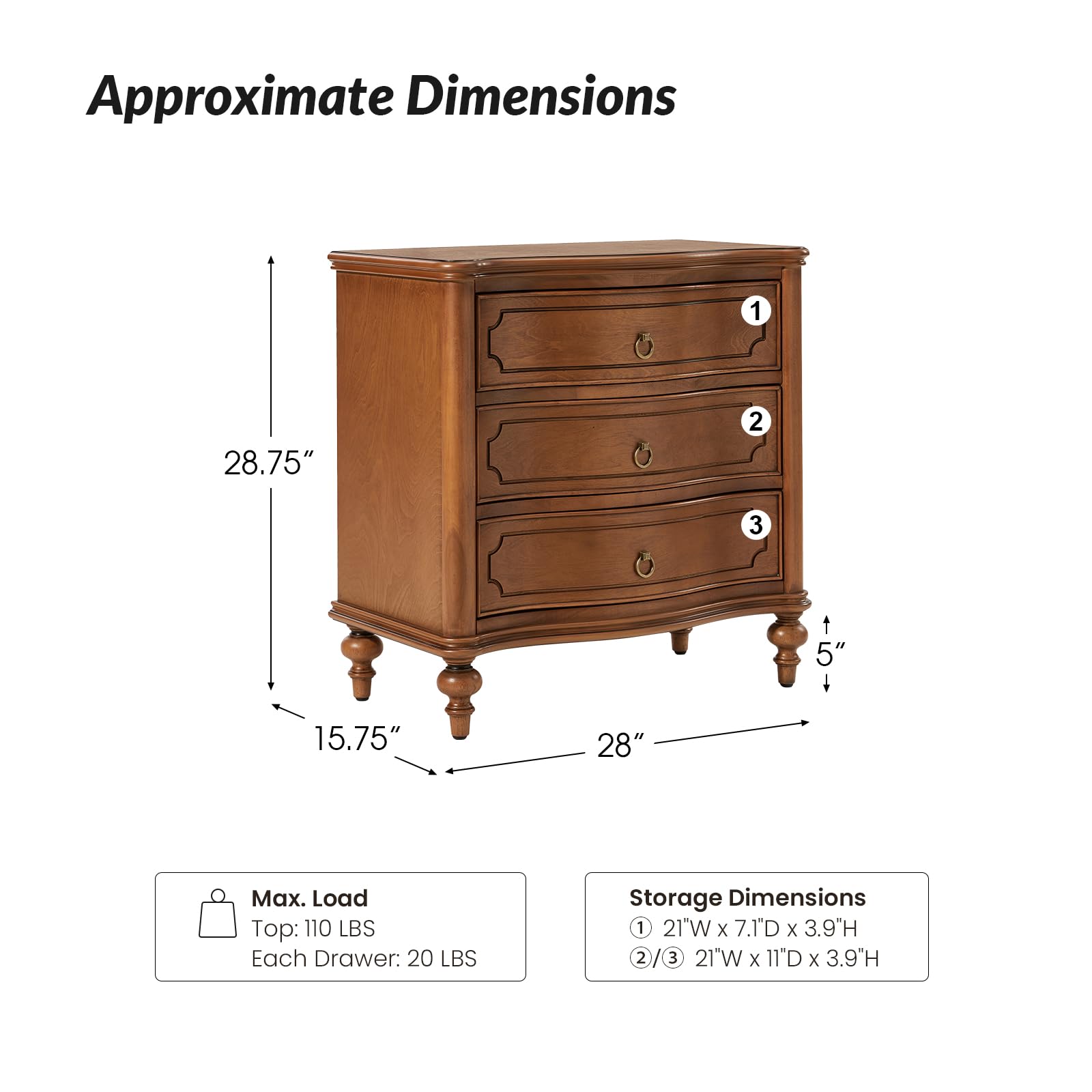 HULALA HOME Traditional Side Table with 3 Drawers, Tall Side Table with Curved Front Profle Desgin, Charging Station, Solid Wood Legs, Black