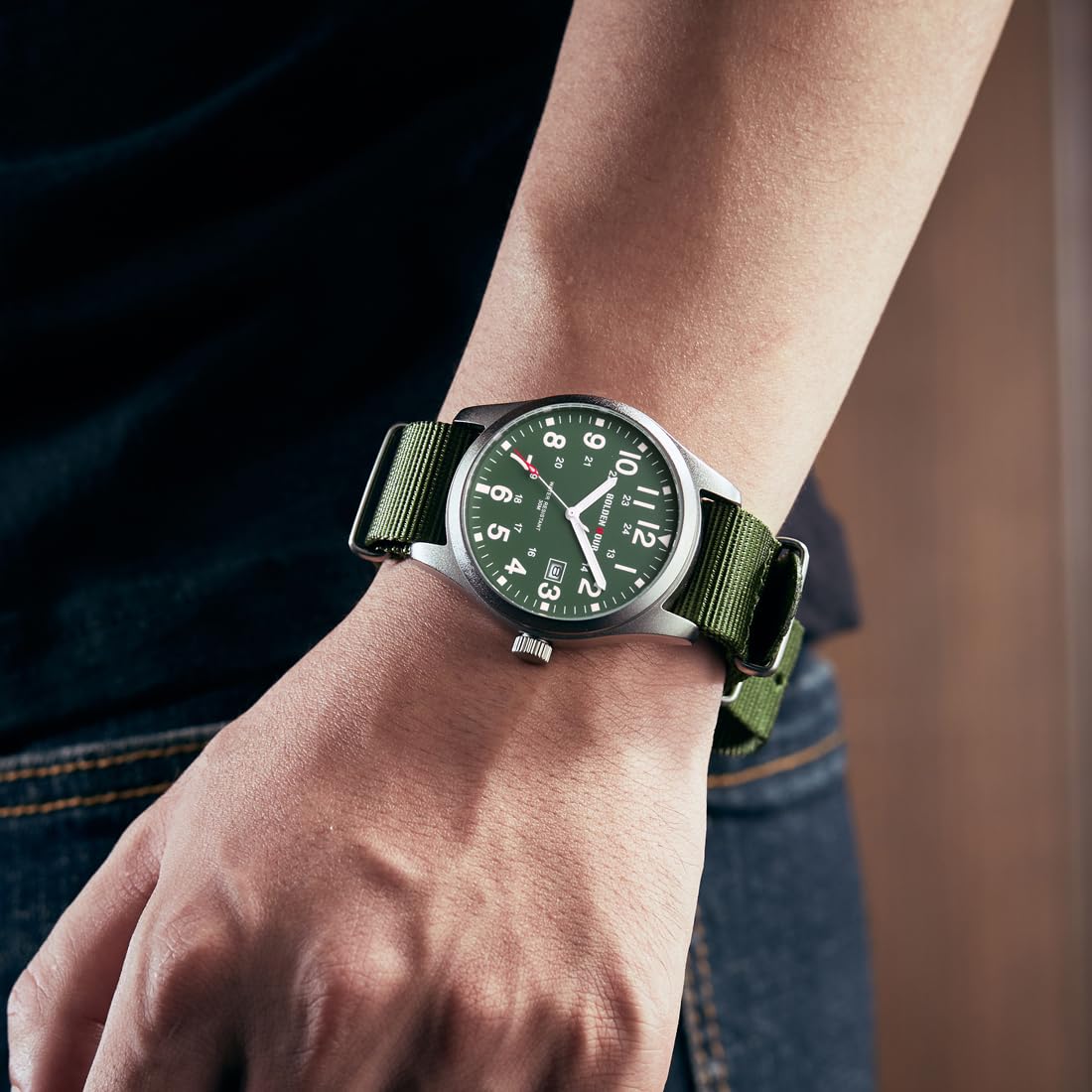 GOLDEN HOUR Men's Nylon Slip-Thru Strap Watch with Military Time Easy Read Dial Glowing Hands